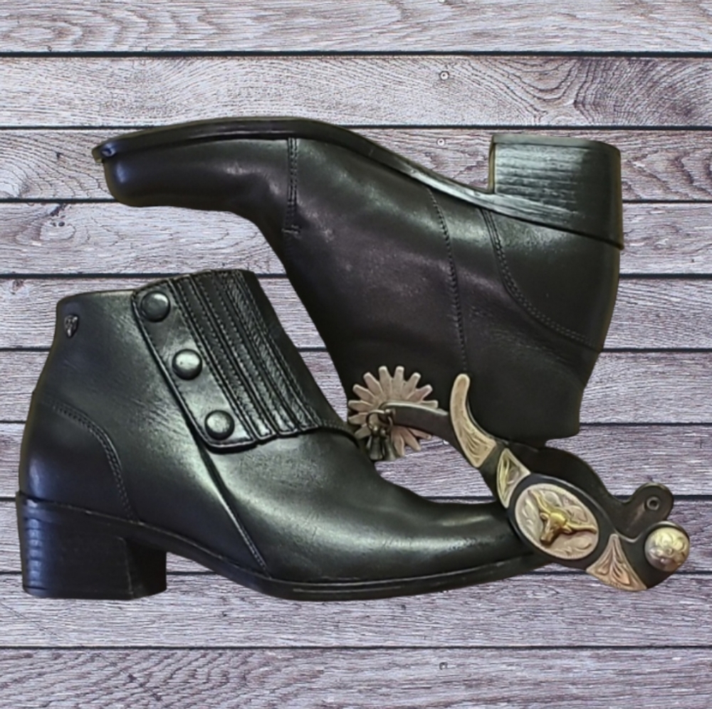 ARIAT SPAT II Black Leather Ankle Booties Snap Side Size 6B